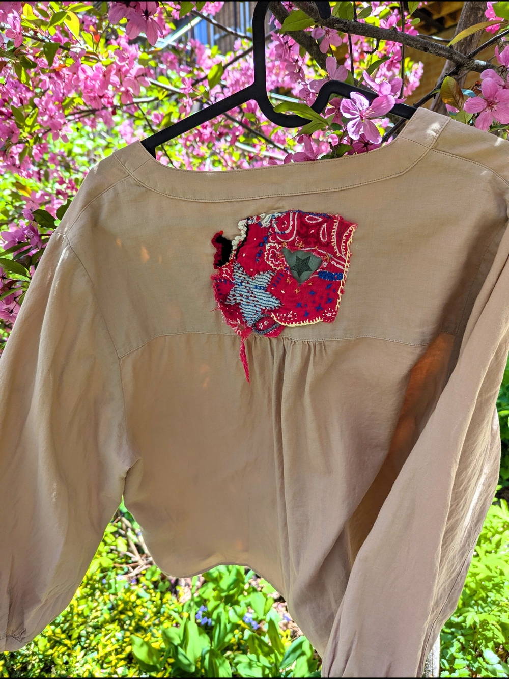 Frank & Oak Upcycled Slow-Stitched Artist Peasant Layering Blouse L Beige Cotton